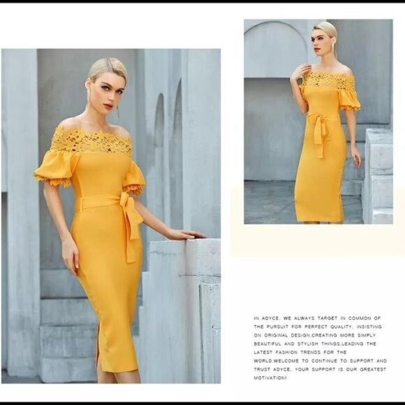 Yellow off the shoulder laser cut dress with lantern sleeves M - Picture 9 of 11